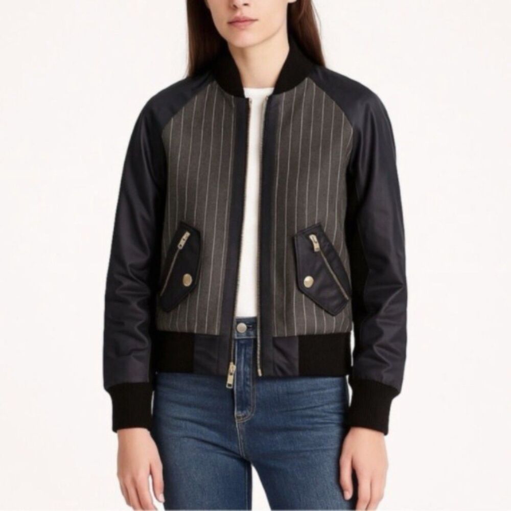 J.Crew XXS Bomber Jacket Gray Pinstripe Wool Blend Navy Sleeve Zip Front